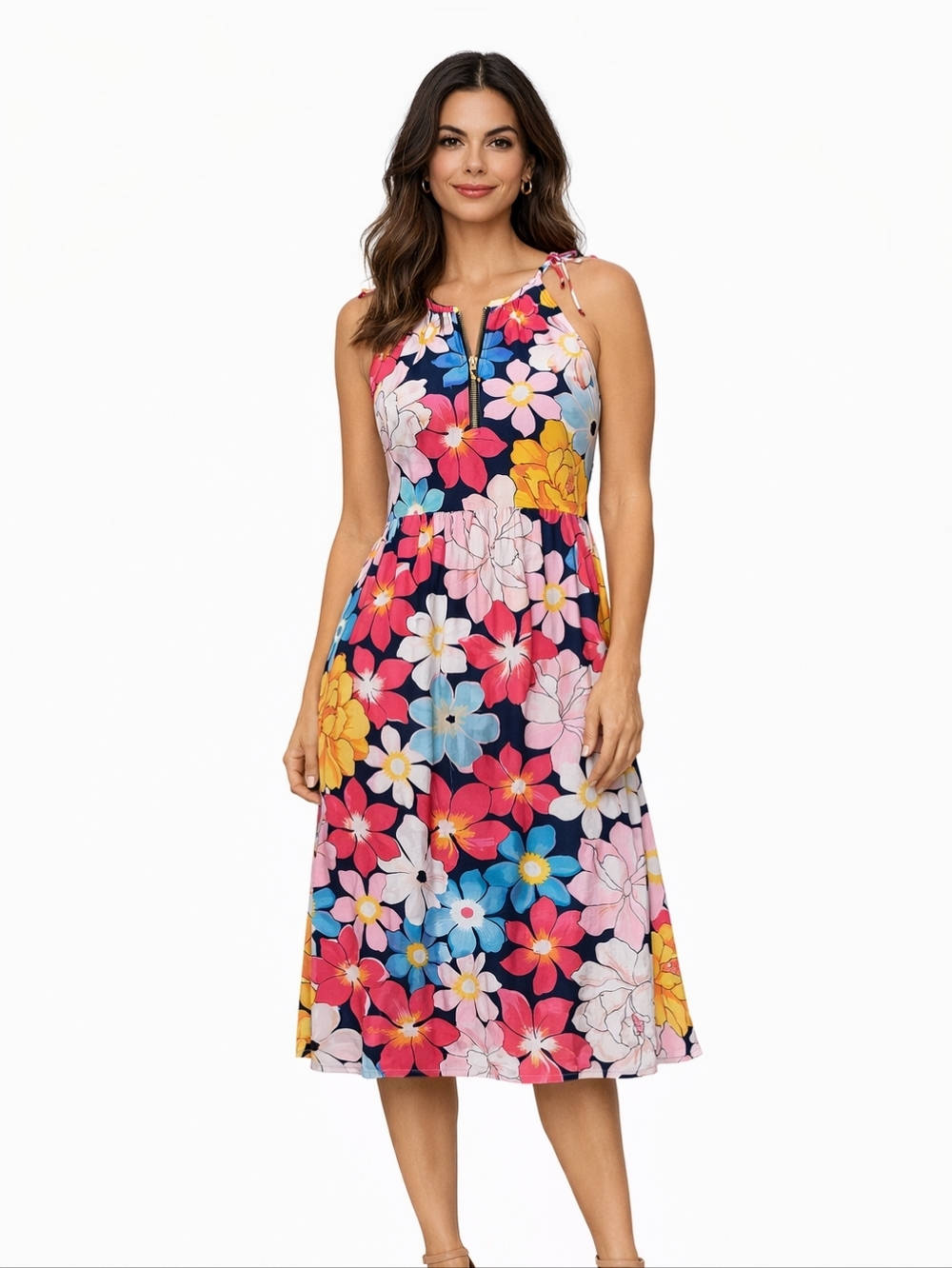 MSK Navy Floral A-Line Skirt with Pink, Blue & Yellow Blooms